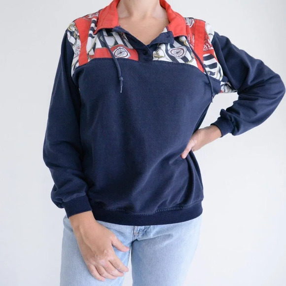 Vintage Euro Joy Navy & Red Nautical Button Collar with Draw String Sweater - Picture 2 of 11